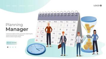 Planning Manager.People are discussing the timing of the completion of the project.Financial advice.Schedule tasks using the calendar.The template of the landing page. vector