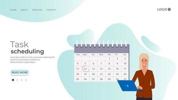 Young businesswoman and calendar.Deadline and task scheduling.Calculation of the remaining days.Flat vector illustration.The template of the landing page.