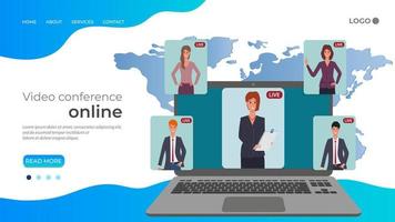 Video conference online.People communicate and conduct business negotiations using a laptop. distance education, freelance and remote work.Flat vector illustration.The template of the landing page.