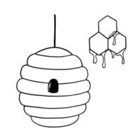 Beehive and honeycombs with drops of honey doodle icon. Hand drawn vector illustration isolated on white background.