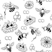 vector monocromo garabato de patrones sin fisuras. abeja de miel aislada en blanco.