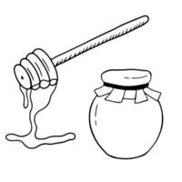 Honey in glass jar with wooden spoon hand drawn line doodle icon. Jar and stick outline icon isolated on white vector