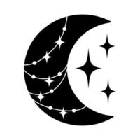 Vector crescent Moon with stars. Celestial monochrome illustration isolated on white background