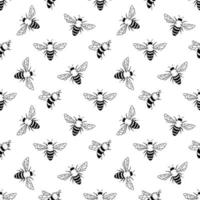 Honey bee or bumble isolated on white. Insect in hand drawn style. Vector monochrome doodle seamless pattern