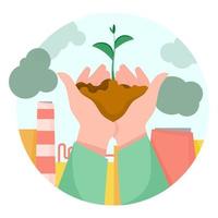 Two hands with earth and a plant against the backdrop of a factory due to environmental pollution vector