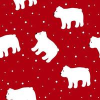 feliz año nuevo y celebración navideña sin costuras con oso polar blanco y nieve sobre fondo rojo, impresión brillante para papel tapiz, diseño de portada, embalaje, decoración navideña, ilustración de bebé vector