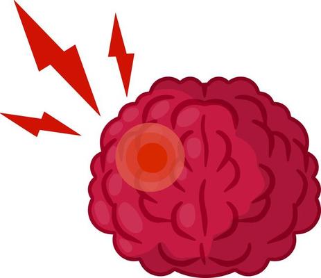 Headache. Red spot in human brain. Pain with red lightning. Problem with head. Medical care. Cartoon flat illustration