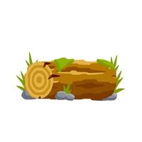 Vector brown log with green moss and stone. Building wood material, natural element. Environment of forest. Set of cartoon illustration