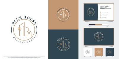 icono de casa y diseño de logotipo de palma con estilo y tarjeta de visita vector