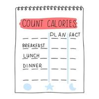 Doodle hand drawn memo note or reminder vector illustration for calories counting. Simple square paper sheet. Cute designfor journal.