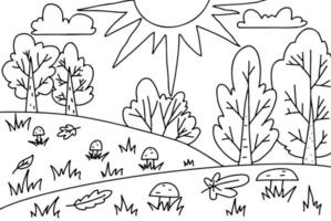 Coloring page for kids. Landscape with sun, trees, bushes, mushrooms. Hand drawn illustration in doodle style. Activity sheet. vector