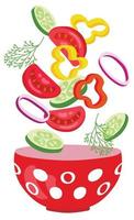 ingredientes de ensalada de verduras. pepino, tomate, pimiento, cebolla, eneldo. ilustración vectorial dibujada a mano. adecuado para sitios web, pegatinas, tarjetas de regalo.