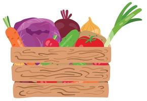 Wooden box with vegetables. Carrot, cabbage, onion, radish, cucumber, beetroot, potato, tomato Hand drawn vector illustration. Suitable for website, stickers, gift cards.