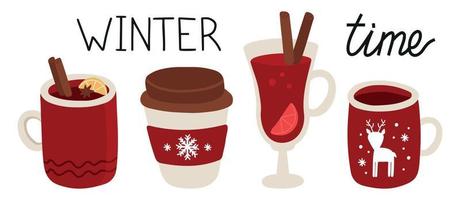 colección de vectores de bebidas calientes. chocolate caliente, café y vino caliente. tiempo de vacaciones de invierno