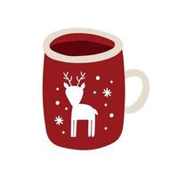 Flat vector illustration of cup with snowflakes and deer.