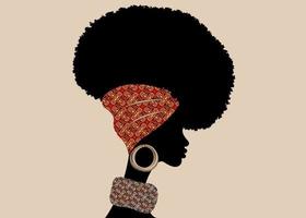 Portrait African woman wears bandana for curly hairstyles. Shenbolen Ankara Headwrap Women. Afro Traditional Headtie Scarf Turban in tribal flowers fabric design texture. Vector isolated