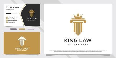 diseño del logotipo del rey de la ley de justicia con concepto creativo y plantilla de tarjeta de visita vector