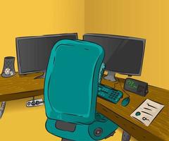 Studyroom working space with computer. Flat design cartoon room realistic design with chair vector