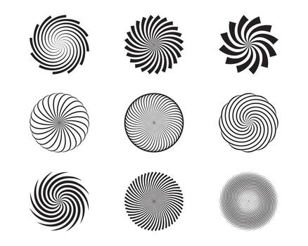 Spiral and swirl motion twisting circles design element set. Vector illustration.