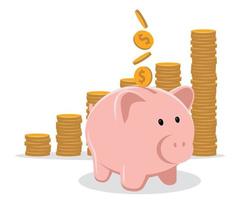 Piggy bank with coin vector illustration. Saving, investing and accumulation money. Pig in a flat style.