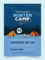 cartel vertical de camping de invierno ilustrado plano moderno. publicaciones en las redes sociales del campamento de invierno. plantilla de folleto o folleto de camping de invierno plano vector