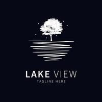 logotipo de vista al lago. ilustración de un lago con una vista nocturna de árboles y estrellas vector