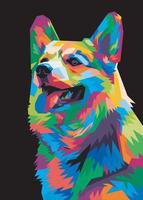 colorida cabeza de perro corgi galés con un fondo de estilo de arte pop aislado y fresco. vector