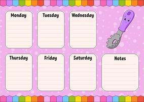 School schedule. Timetable for schoolboys. Empty template. Weekly planer with notes. Isolated color vector illustration. cartoon character.