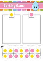Sorting game. Shapes and colors. Cut and glue. Education developing worksheet. Game for kids. Color activity page. Puzzle for children. Cute character. Vector illustration. cartoon style.