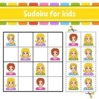 Sudoku for kids. Education developing worksheet. Activity page with pictures. Puzzle game for children. Logical thinking training. Funny character. Vector illustration.