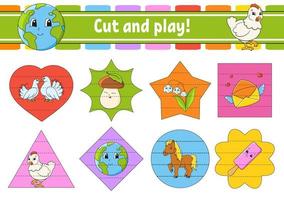 Cut and play. Logic puzzle for kids. Education developing worksheet. Learning game. Activity page. Cutting practice for preschool. Vector illustration.