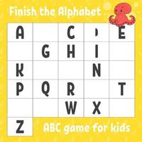 Finish the alphabet. ABC game for kids. Education developing worksheet. Learning game for kids. Color activity page. Vector illustration.