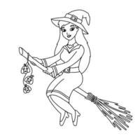 A cute witch in a hat flies on a broomstick. Coloring book page for kids. Cartoon style character. Vector illustration isolated on white background. Halloween theme.