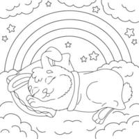 A cute rabbit sleeps under a blanket. Coloring book page for kids. Cartoon style. Vector illustration isolated on white background.