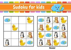 sudoku para niños. hoja de trabajo de desarrollo educativo. personaje animado. página de actividades de colores. juego de rompecabezas para niños. entrenamiento del pensamiento lógico. ilustración vectorial vector