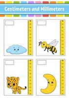 Measuring length in centimeter and millimeter. Education developing worksheet. Game for kids. Color activity page. Puzzle for children. Cute character. Vector illustration. cartoon style.