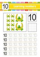 Trace and write numbers. Handwriting practice. Learning numbers for kids. Education developing worksheet. Activity page. Vector illustration.