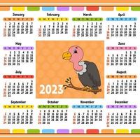 calendario para 2023 con un lindo personaje. diseño divertido y brillante. ilustración de vector de color aislado. estilo de dibujos animados