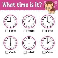 Learning time on the clock. Educational activity worksheet for kids and toddlers. Game for children. Simple flat isolated color vector illustration in cute cartoon style. Vector illustration.