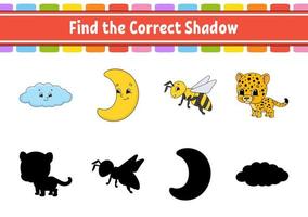 Find the correct shadow. Education developing worksheet. Matching game for kids. Color activity page. Puzzle for children. Cute character. Vector illustration. Cartoon style.