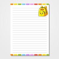 Sheet template for notebook, notepad, diary. Lined paper. Cute character. With a color image. Isolated vector illustration. cartoon style.