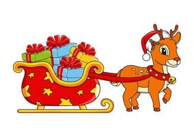 A cute deer is carrying a Christmas sleigh with gifts. Cartoon character. Colorful vector illustration. Isolated on white background. Design element. Template for your design, books, stickers, cards.