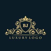 logotipo de la letra bj con escudo dorado de lujo. plantilla de vector de logotipo de elegancia.