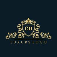 logotipo de letra cd con escudo dorado de lujo. plantilla de vector de logotipo de elegancia.