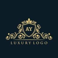 logotipo de la letra ay con escudo dorado de lujo. plantilla de vector de logotipo de elegancia.