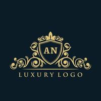 letra un logo con escudo de oro de lujo. plantilla de vector de logotipo de elegancia.