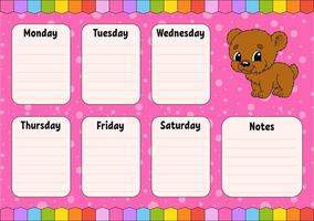 School schedule. Timetable for schoolboys. Empty template. Weekly planer with notes. Isolated color vector illustration. cartoon character.