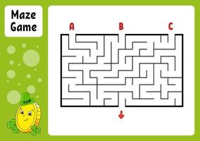 Rectangle maze. Game for kids. Three entrances, one exit. Education worksheet. Puzzle for children. Labyrinth conundrum. Color vector illustration. Find the right path. cartoon character.