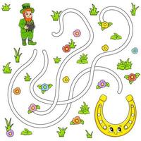 Funny maze for kids. Puzzle for children. cartoon character. Labyrinth conundrum. St. Patrick's Day. Color vector illustration. Find the right path.