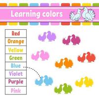 Learning colors. Education developing worksheet. Activity page with pictures. Game for children. Funny character. cartoon style. Vector illustration.